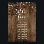 Wood & Lights Table Five with Guest Names Card<br><div class="desc">This rustic, elegant wedding and event invitation suite of designs presents some popular wedding design trends combined in a fresh way. With a rich brown wood background and dual strings of twinkling light accents, I've combined a beautiful modern script font to render graphics depicting key words and phrases in the...</div>