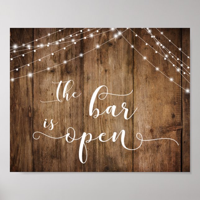 Wood & Lights The Bar is Open Reception Sign (Front)