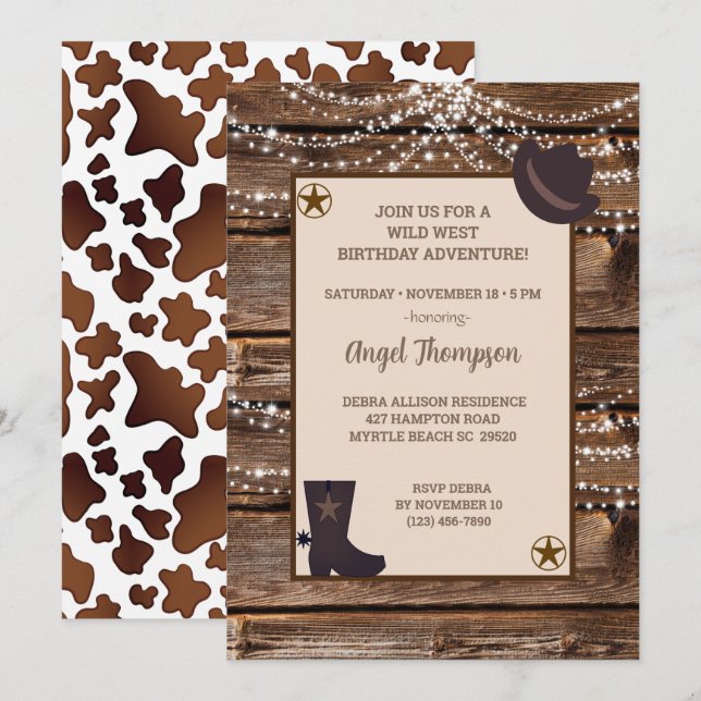 Wood Lights Western Cowgirl Birthday Invitation (Front/Back)