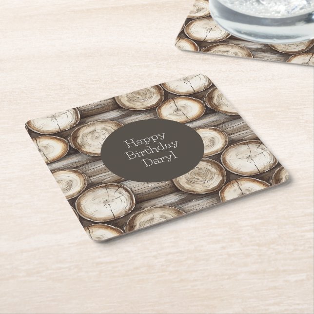 Wood Log Cabin Birthday Square Paper Coaster (Angled)