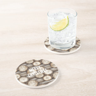 Wood Log Cabin Christmas Coaster