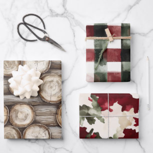 Wood Log Cabin Red Green Christmas Wrapping Paper Sheet