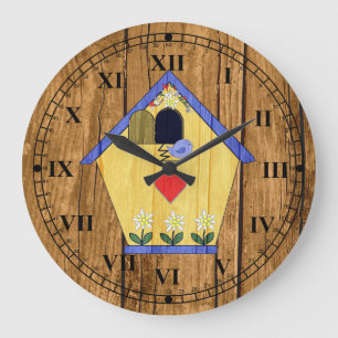 Wood Look Colourful Coo Coo Bird House Large Clock