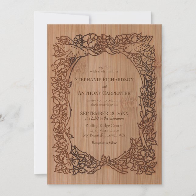Wood Look Floral Bird Border Rustic Wedding Invitation (Front)