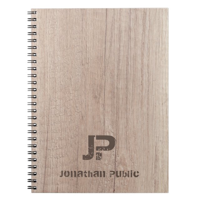 Wood Look Monogram Template Distressed Text Name Notebook (Front)
