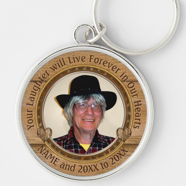 Wood look Personalised Photo Memorial Keychain (Front)
