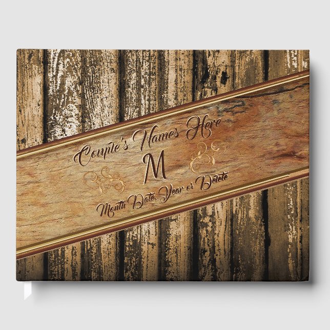 Wood Look Rustic Wedding Guest Book, PERSONALIZED Book (Front)
