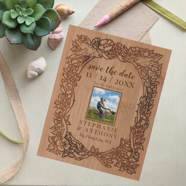 Wood Look Rustic Wildflower Bird Photo Save Date Announcement Postcard (Creator Uploaded)