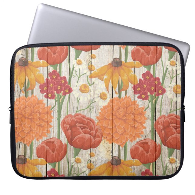 WOOD LOOK TEXTURE WITH PASTEL FLOWERS LAPTOP SLEEVE (Front)