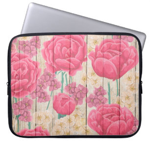 WOOD LOOK TEXTURE WITH PASTEL FLOWERS LAPTOP SLEEVE