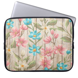 WOOD LOOK TEXTURE WITH PASTEL FLOWERS LAPTOP SLEEVE