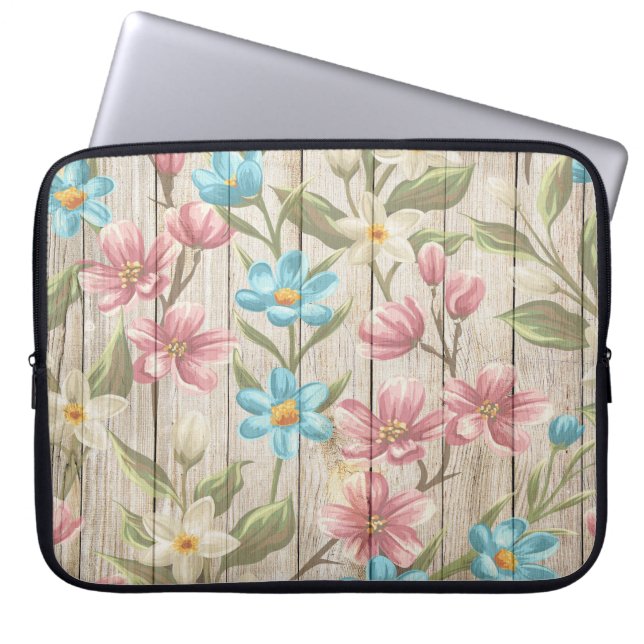 WOOD LOOK TEXTURE WITH PASTEL FLOWERS LAPTOP SLEEVE (Front)