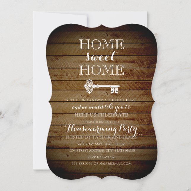 Wood Look Vintage Key Housewarming Invite (Front)