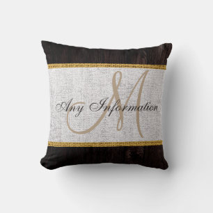 Wood Look White Burlap Rustic Monogram Cushion