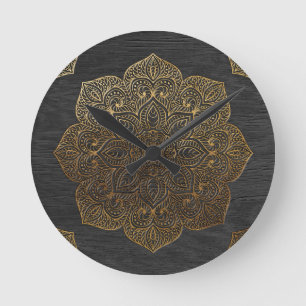 Wood mandala-gold round clock