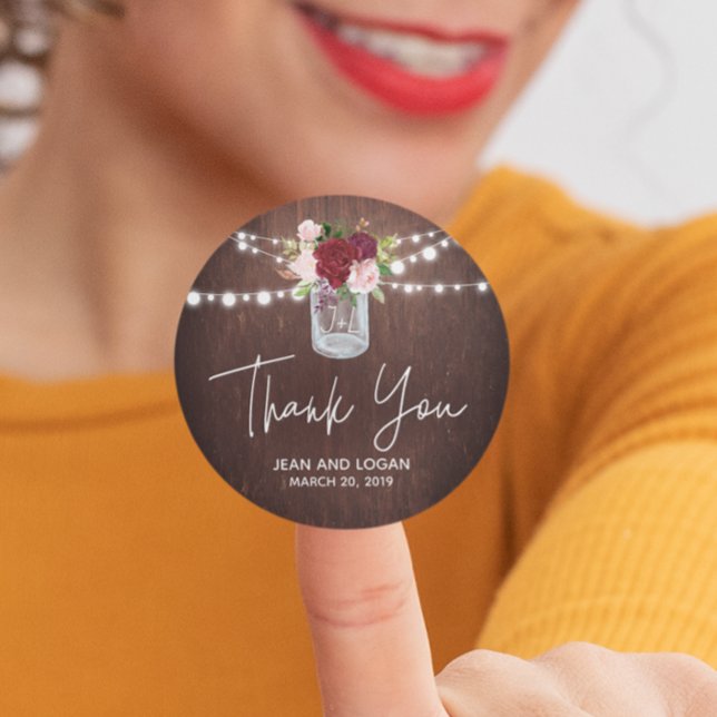 Wood Mason Jar Burgundy Flower Wedding Thank you Classic Round Sticker (Creator Uploaded)