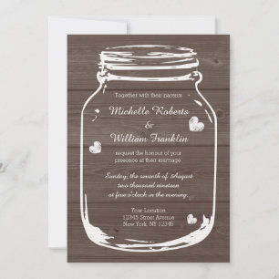 Wood mason jar country barn wedding invitations