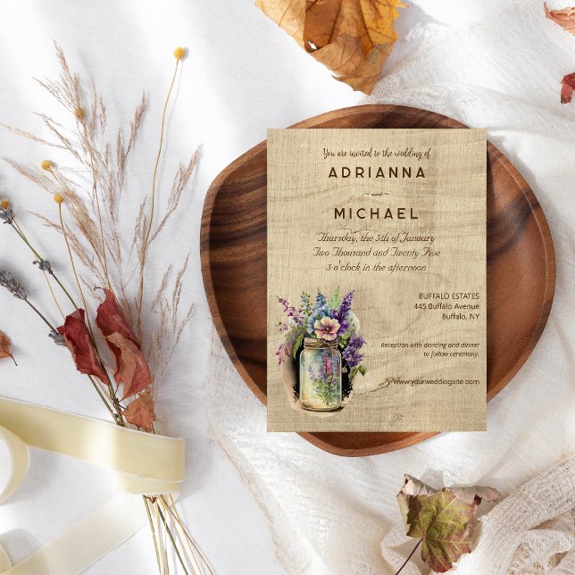 Wood Mason Jar Country Floral Wedding Invitation (Creator Uploaded)