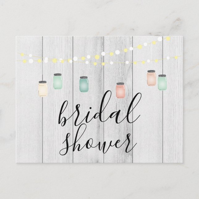 Wood & Mason Jar Lights Rustic Wood Bridal Shower Invitation Postcard (Front)
