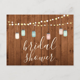Wood & Mason Jar Lights Rustic Wood Bridal Shower Invitation Postcard
