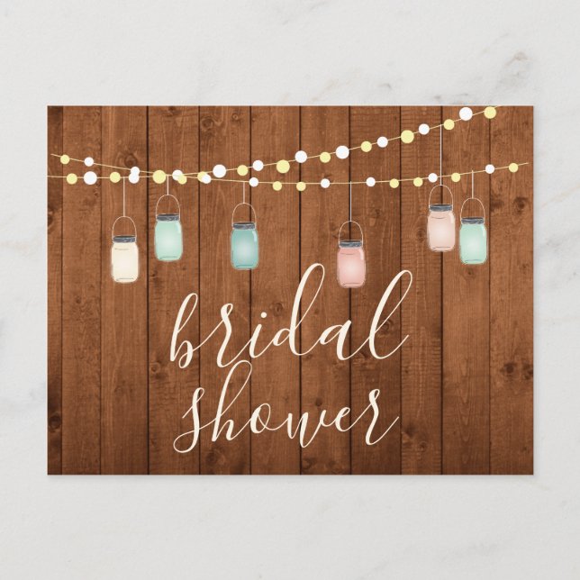 Wood & Mason Jar Lights Rustic Wood Bridal Shower Invitation Postcard (Front)