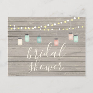 Wood & Mason Jar Lights Rustic Wood Bridal Shower Invitation Postcard