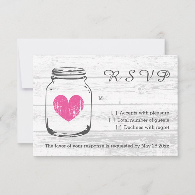 Wood mason jar RSVP country wedding response cards (Front)