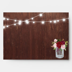 Wood Mason Jar String Lights Burgundy Wedding Envelope