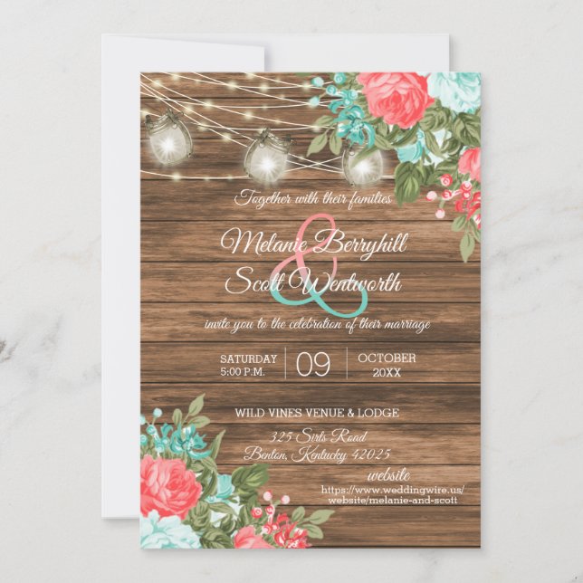 Wood, Mason Jars and Teal, Coral Flower Wedding Invitation (Front)