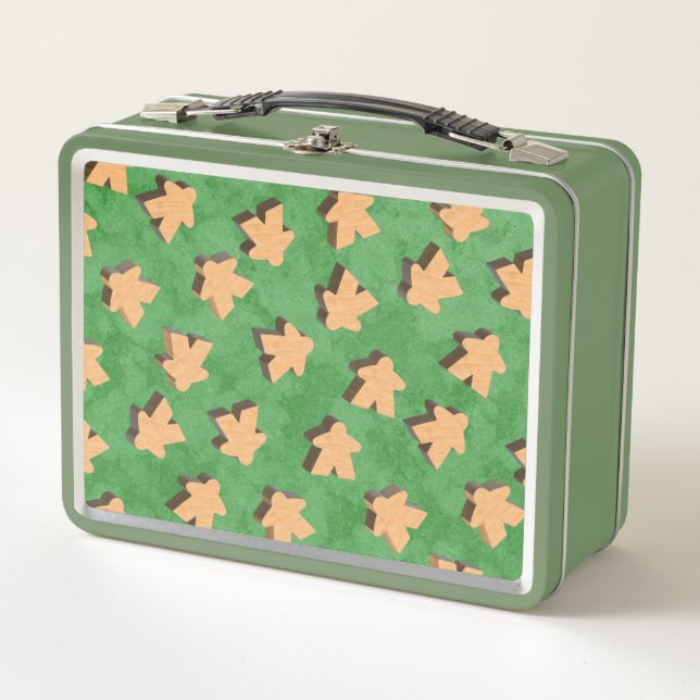 Wood Meeples on Green for Game Night Metal Lunch Box (Front)