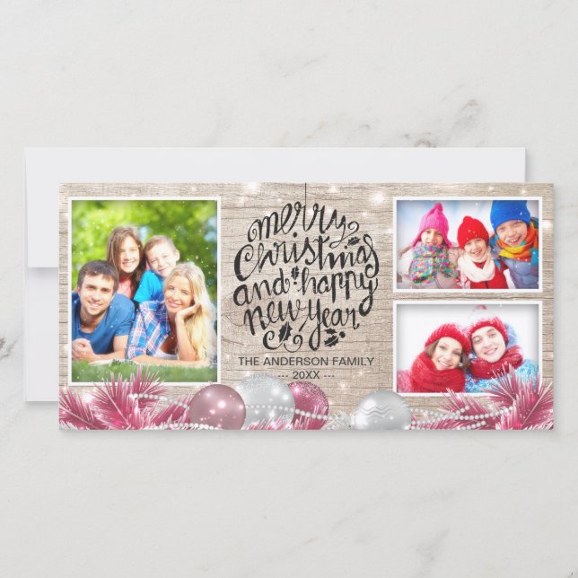 Wood Merry Christmas Happy New Year Greeting Photo Holiday Card (Front)