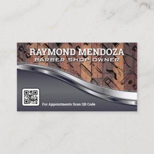 Wood Metallic   QR Code   Barber Shop Pattern Business Card