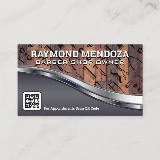 Wood Metallic | QR Code | Barber Shop Pattern Business Card (Front)