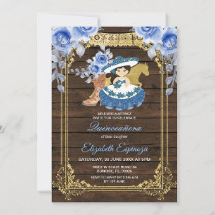 Wood Mexican Quinceanera Blue Roses Flowers  Invitation