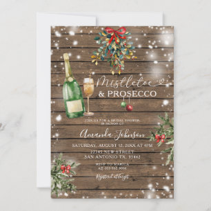 Wood Mistletoe Prosecco Christmas Bridal Shower Invitation