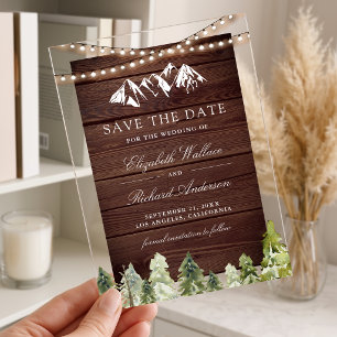 Wood Mountain Forest Photo Wedding Save the Date Acrylic Invitations