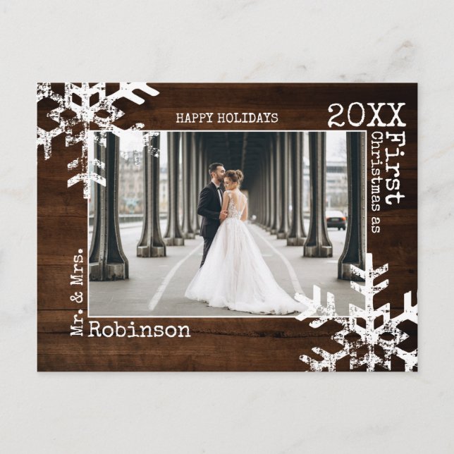 Wood Newlyweds First Christmas Photo Snowflakes Holiday Postcard (Front)