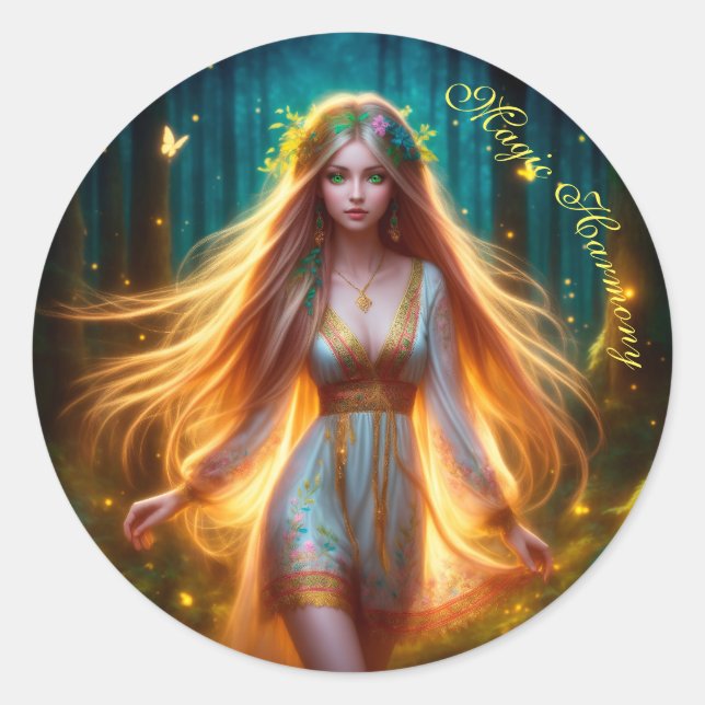 Wood nymph fairy girl gold bright forest floral  classic round sticker (Front)