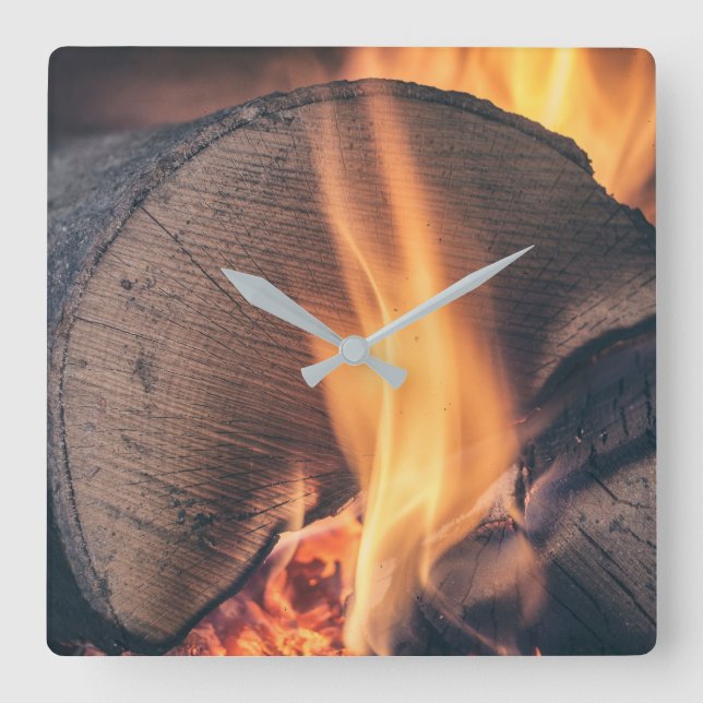 Wood on fire square wall clock (Front)