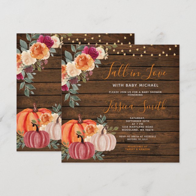 Wood Orange Pumpkin Fall in Love Baby Shower  Invitation (Front/Back)