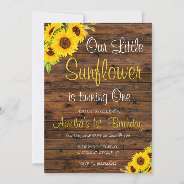 Wood Our Little Sunflower Floral Birthday Invitation (Front)