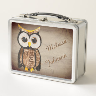 Wood - Owl  Metal Lunch Box