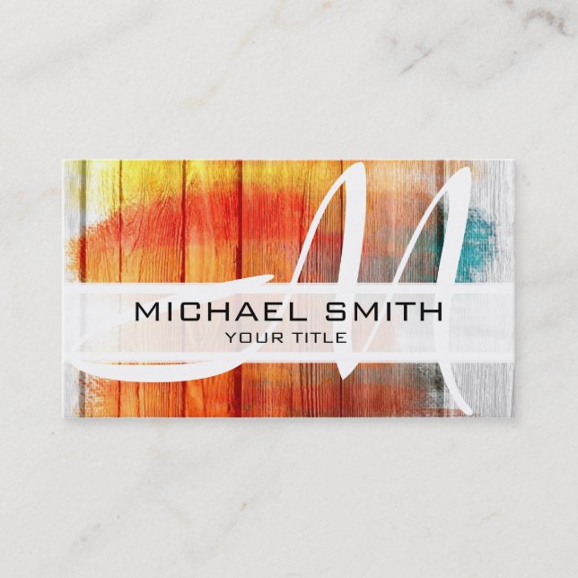 Wood Painted Coloured Modern Monogram Business Card (Front)