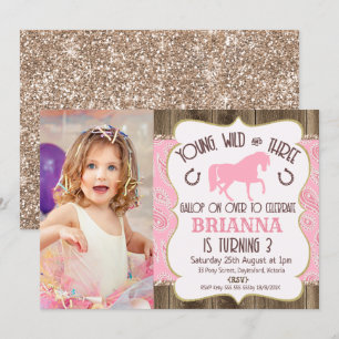 Wood Paisley Glitter Horse 3rd Birthday Invitation