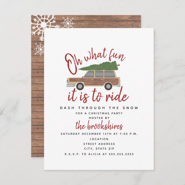 Wood Panel Car Christmas Tree Oh What Fun Party Invitation (Front/Back)
