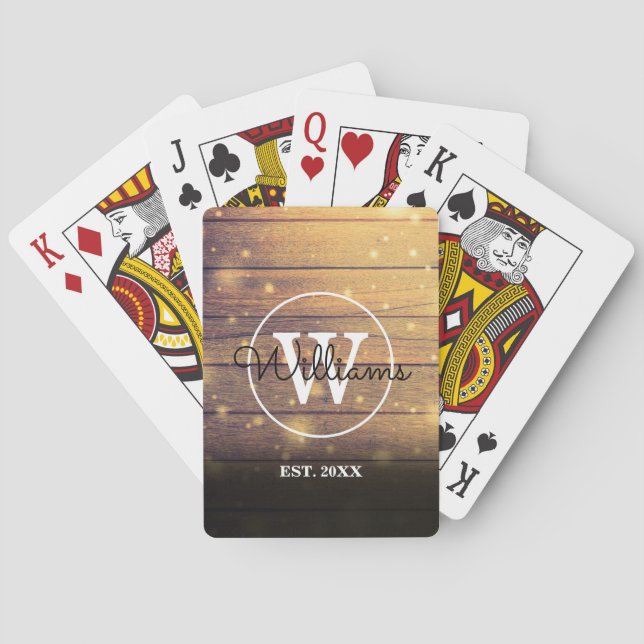 Wood Panels Monogram Rustic Stylish Script Playing Cards (Back)
