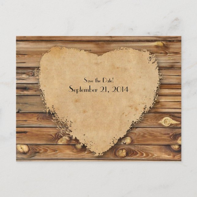 Wood Parchment Tattered Heart Save the Date Announcement Postcard (Front)