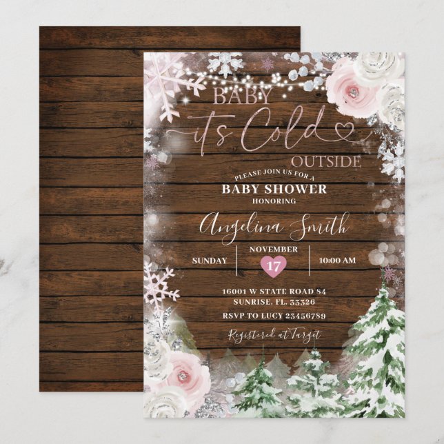 Wood Pastel Pink Snowflake Floral Baby Shower  Invitation (Front/Back)