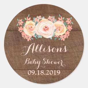 Wood Peach Watercolor Floral Baby Shower Tag