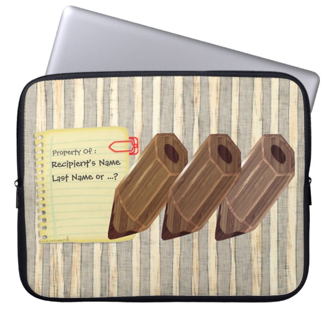Wood Pencils on Grey Stripe Personalised Laptop Sleeve (Front)